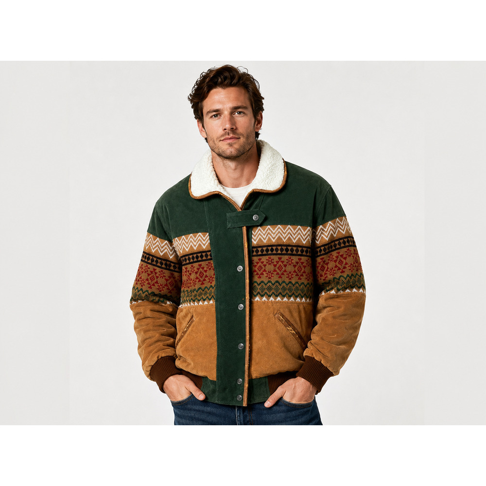 Pelle Pelle Shearling Wool Leather Jacket Men XL Tribal Aztec Western Bomber Coa